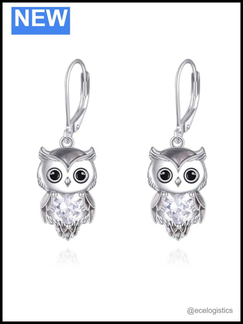 Sterling Silver Owl Dangle Earrings 925 Cubic Zirconia Lever Back